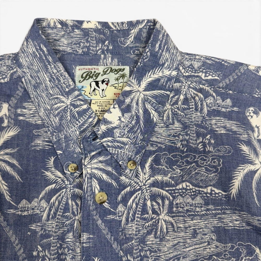 Big Dogs Mens XL Blue Tropical Palm Tree St Bernard Button Down Shirt Hawaiian